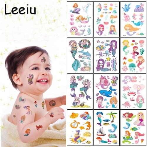 Leeiu 10 Sheets/Set Children Cartoon Mermaid Temporary Tattoo Stickers Dinosaur Birthday Makeup Sticker Tattoos Baby Shower