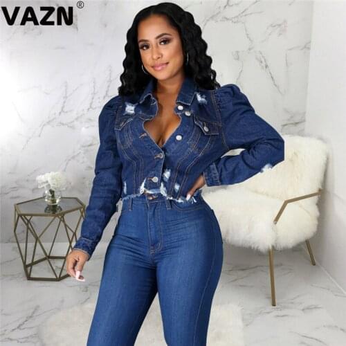 VAZN 2020 Hot Popular High-end Solid Joker Elegant Sexy Office Lady Full Sleeve Women Slim Denim Short Outwears