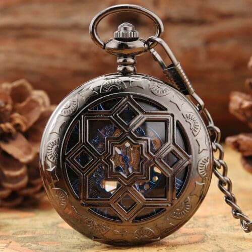 Multilateral Rhombus Hollow Flowers Case Hand Winding Mechanical Pocket Watch Retro Blue Skeleton Dial FOB Chain Luxury reloj