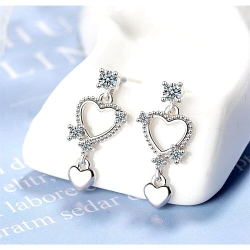 Fashion Silver Plated Women Earring Jewelry Sparkling Crystal Heart Drop Accessorie Female Charm Long Earring Princes Bijou
