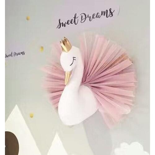 Swan Stuffed Animals Cloth Dolls Toys Girls Baby Nursery Decor 3D Animal Head Wall Hanging for Kid Room Flamingo Decoration Gift