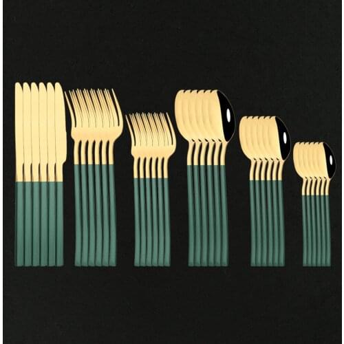36Pcs Green Gold Tableware Cutlery Set Mirror Dinnenrware Set Stainless Steel Flatware Dinner Knife Dessert Fork Spoon For Party