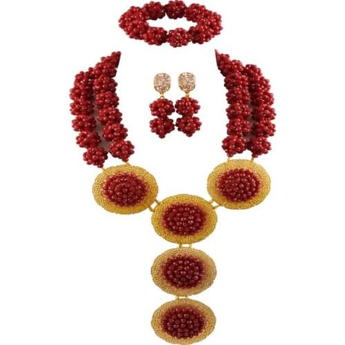 Opaque Red African Wedding Beads Nigerian Necklace Jewelry Set for Women