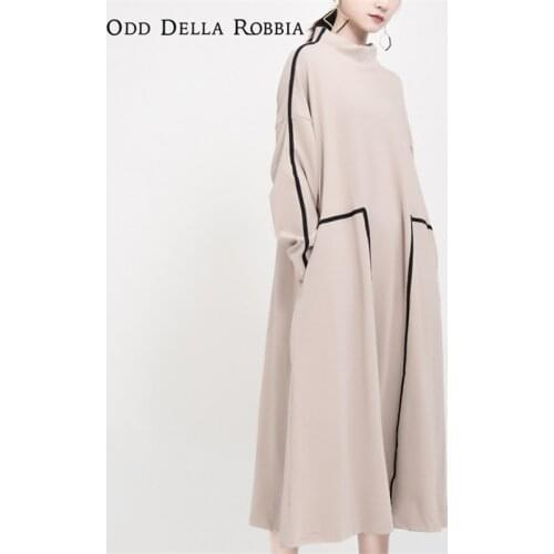 OddDellaRobbia 2021 Winter Women Original Design Vintage Loose Simple Contrast Color Webbing Stitching Mid-Length Dress 1238