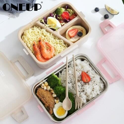 ONEUP Health Env-protection Wheat Straw Stainless Steel With Tableware Portable Microwave Lunch Box Leakproof Food Bento Box