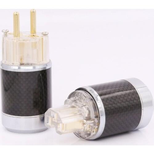 Pair Carbon Fiber Gold Plated EU Schuko Male Plug IEC Female Connector DIY Mains Power Cable