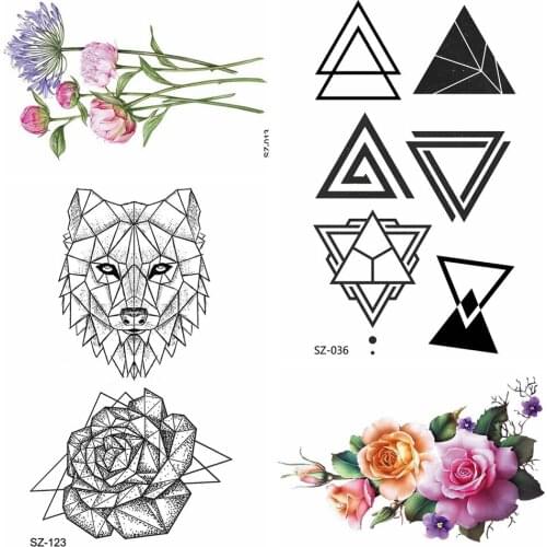 Fake Triangle Arm Tattoo Women Fashion Temporary Tattoo Stickers Men Geometric Black Geometry Rose Flower Wolf Waterproof Tatoos
