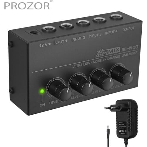 Prozor MX400 Ultra Bass Noise 4-Channel Line Mono Audio Sound Mixer 1/4" TS Connector In & Out for Microphone Guitar Stage Mixer