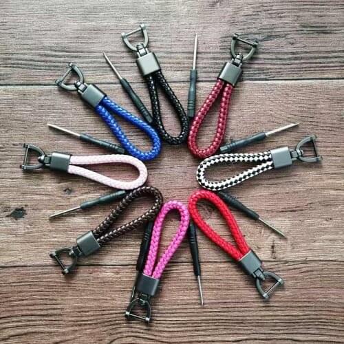 Retro Detachable Metal Hand Woven Leather Moto Car Key Rings Rope Knitting Key Chain Horseshoe Buckle Jewelry Key Rings Holder