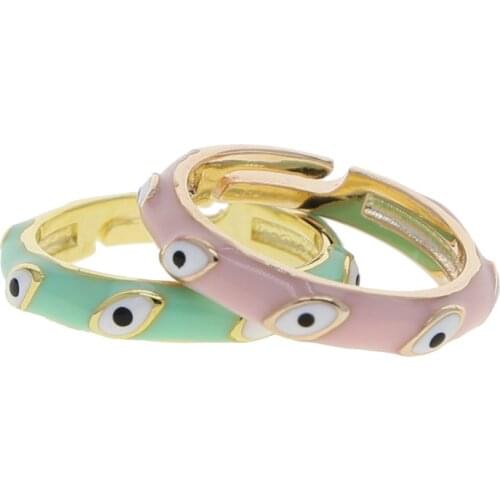 Light Pink Green Enamel Evil Eye Shape Cute Lucky Turkish Jewelry Open Adjusted Colorful Finger Band Rings