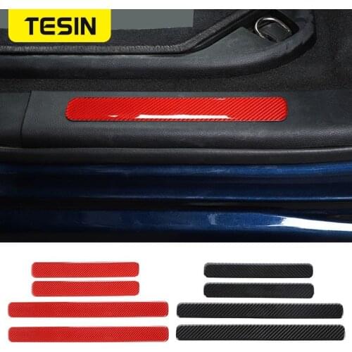 TESIN Soft Carbon Fiber Car Inner Side Door Sill Scuff Plate Entry Guard Foot Plat Decoration Stickers For Dodge RAM 1500 2018