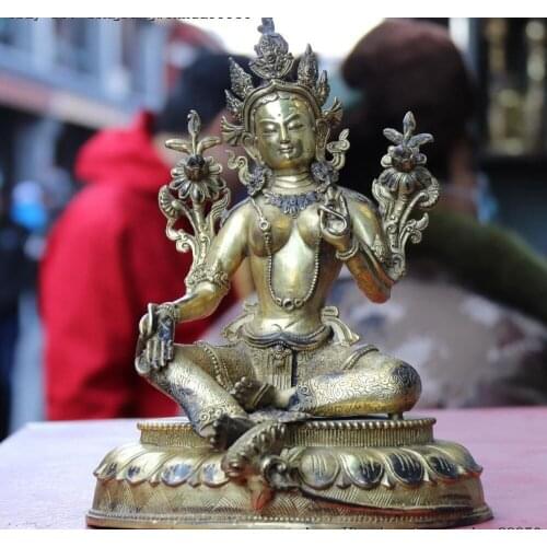 Tibet Old Copper Gilt Green Tara Kwan-Yin Guan yin Bodhisattva Buddha statue