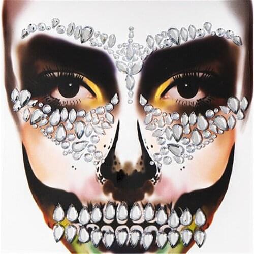 Halloween Festival Skull Bone Face Jewelry with Teeth Makeup Sticker for Carnival Night Clubbing Makeup Body Art Fake Tattoo