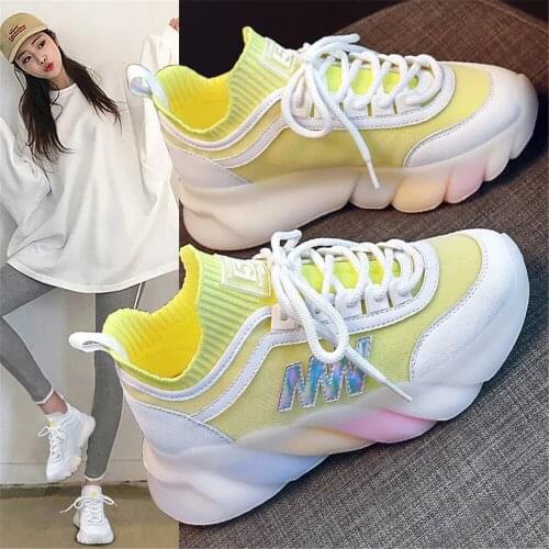 Spring Summer 2021 Rainbow Bottomed Daddy Shoes Womens New Thick Soled Trainers Female Walking Elastic Knitted Fashion Sneakers