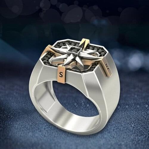 Vintage Viking Compass Seal Geometric Jewelry Mens Engagement Wedding Gift Ring