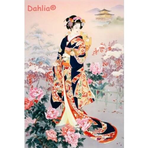 Peony Japanese kimono people Handmade Needlework Embroidery DIY Cross Stitch Kits Crafts 14CT Unprinted Home decor wall Arts