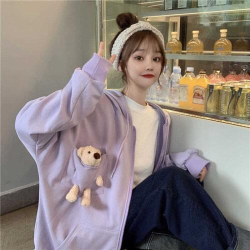 Bear doll purple Zip Up Sweatshirt Winter Jacket Clothes oversize Hoodies Women plus size Vintage Pockets Long Sleeve Pullovers