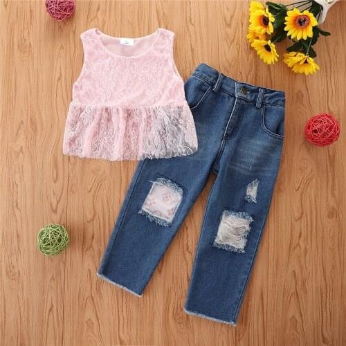 2021 Summer Girls Denim Clothing Sets European American Style Pink Lace Vest Top + Hole Perforated Jeans 2 Pieces Set