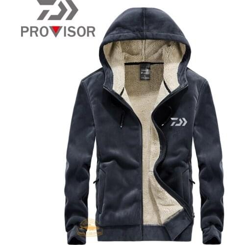 Winter DAIWA Fishing Clothes Mens Sports Hooded Thickening Plus Velvet Fishing Jacket Outdoor Slim Thickening Fishing Jacket