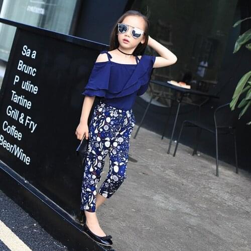 2020 Summer Teen Girls Clothing Set Children Off Shoulder Tops Floral Pants 2 Pcs Kids Outfits Girls Clothes For 4 8 12 14 Years