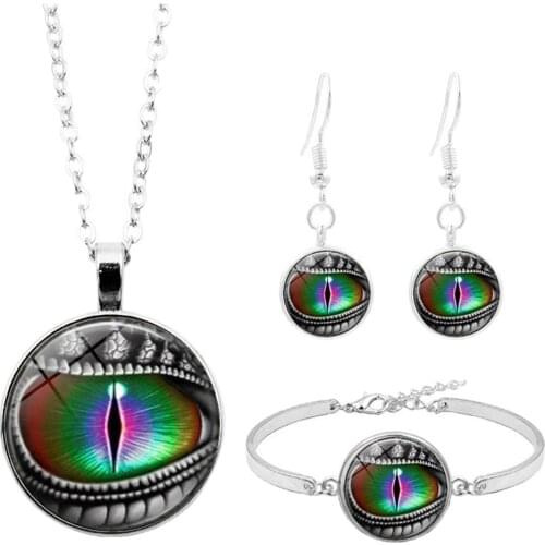 3Pcs Women Dragon Eye Glass Cabochon Necklace Earrings Bracelet Jewelry Set