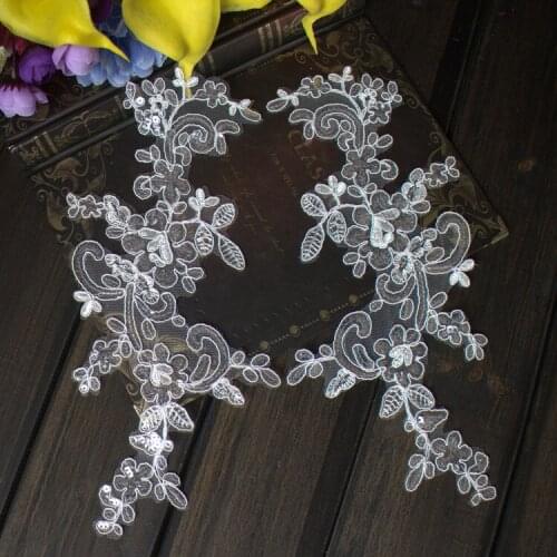 30*17cm Sewing sequins Lace Chantilly French Fabric Patch DIY Off white and Red Mirror organza Lace Applique