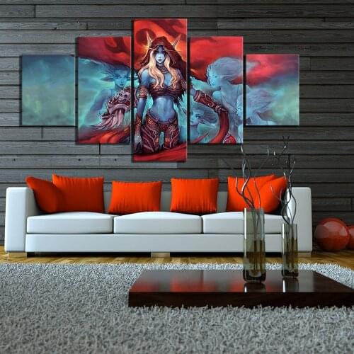 5 Piece HD Fan Art Cartoon Picture Sylvanas Windrunner World of Warcraft Game Poster Paintings for Bedroom Wall Decor