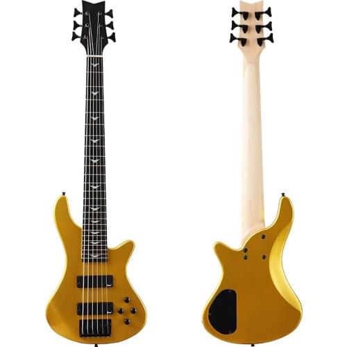 Champagne gold 6 string electric bass guitar 43 inch solid okoume wood high glossy guitar with Korea-made pickup