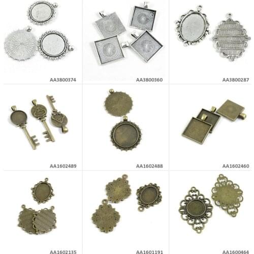 Antique Bronze Silver Plated Jewelry Making Charms Round Cabochon Base Setting Blank Oval Square Frame Star Key