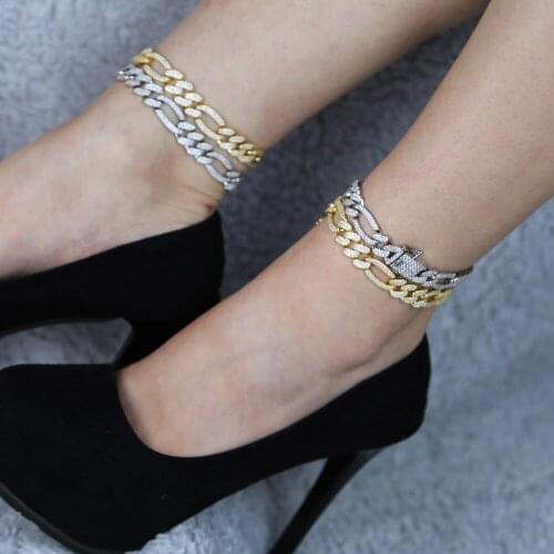 Iced Out Bling Women Leg Chain Foot Chain 5A Cubic Zirconia Cz Tennis Chain Anklet 12mm Figaro Cuban Link Chain Women Anklet
