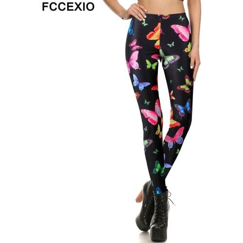 FCCEXIO Women Jogging Pants Butterfly Printed High Quality Leggings Fashion Elastic Pants Sporting Fitness Leggins