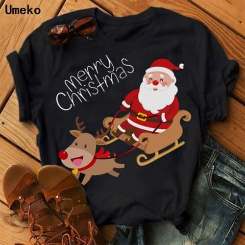Umeko Women Santa Claus Merry Christmas Reindeer Black O-neck T-shirt Girl Harajuku Short Sleeve Funny Nursing Christmas Shirt