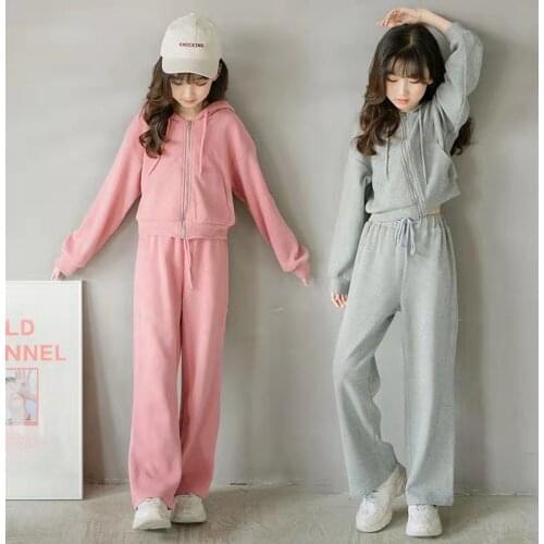 Girl Long Sleeved Hooded Cardigan +Wide-leg Trousers Set Kids Outfits 2Pcs Teenage Girls Clothing Spring Autumn