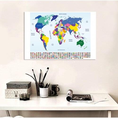 150*100cm The World Map with National Flags Vintage Non-woven Canvas Painting Wall Poster School Supplies Classroom Home Decor