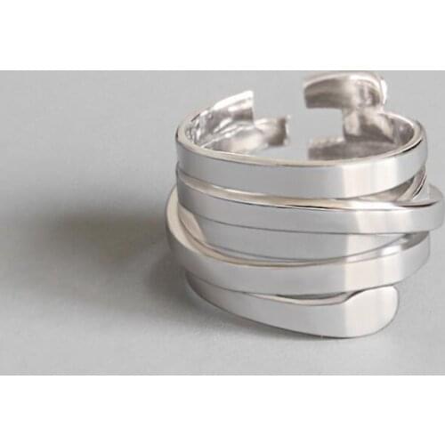 100% 925 Sterling Silver Open Ring Big Smooth Face Simple Geometric Multi-Layer Twist Punk Pary Jewelry Bijoux Femme