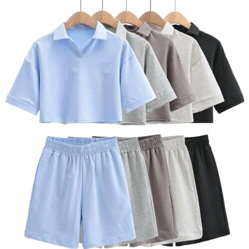 Women‘s Polo Collar Crop Top 2 Piece Set with Shorts short Sleeve Loose Cotton Sports Suit Ladies 2021 Summer Streetwear Sets