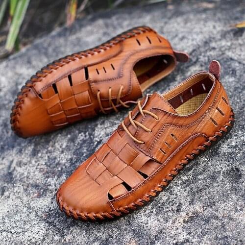 Men sandals handmade leather luxury mens 2020 summer shoes hollow breathable large sizes 47 sandalia masculina fashion beach
