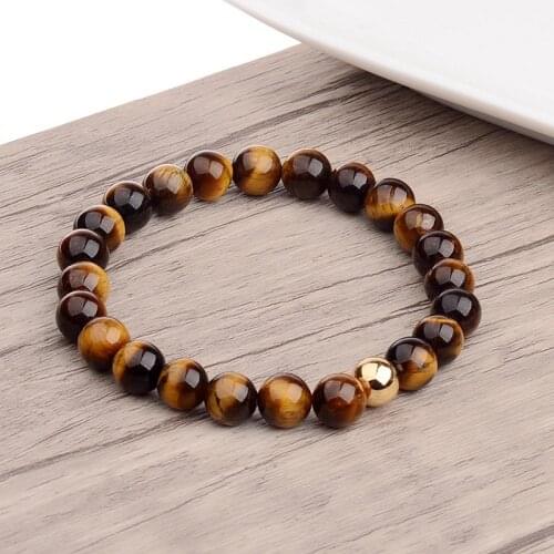 Men Bracelet Charm Jewelry Fashion Gold Round 8mm Tiger Eye Stone Bead Handmade Turquoises Bracelets Male Homme