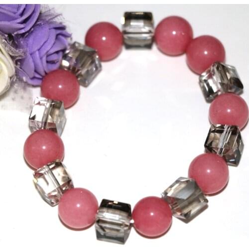 Wholesale price 12mm pink rhodochrosite round stone beads charms bracelets 10mm crystal original design jewelry 7.5inch B2937