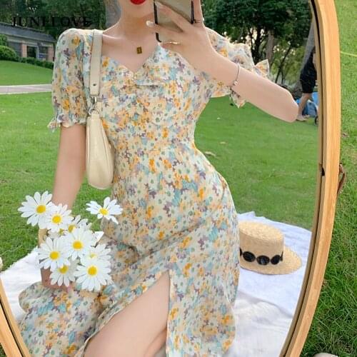 JuneLove French Elegant Dress Vintage Summer V-Neck Casual Short Puff Sleeve Chic Fairy Floral Sexy Split Korean Style Vestidos
