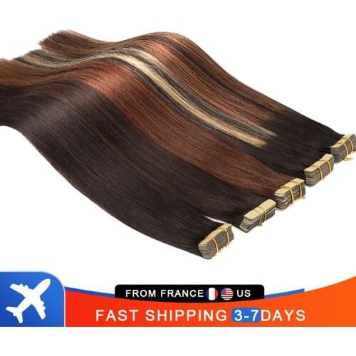 Straight Tape In Human Hair Extensions Seamless Invisible Natural Remy Hair Skin Weft Adhesive Extension Brown Blonde 20pcs