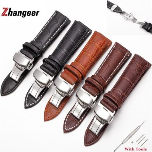 Genuine Leather Watchband Double Press Automatic Butterfly Buckle Wristbands 12-24mm Men Women Universal Strap Belt With Tools