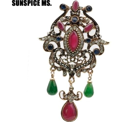 Sunspicems Elegant Vintage Turkish Brooch Jewelry Unique Design Natural Stone Antique Gold Color Resin Flower Women Corsage