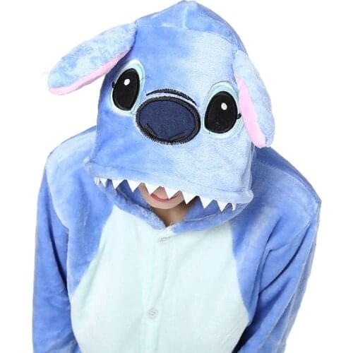 Adult Stitch Kigurumi Women Men Cartoon Animal Cosplay Costume Winter Onesie Pajama Hooded Couple Funny Party Suit