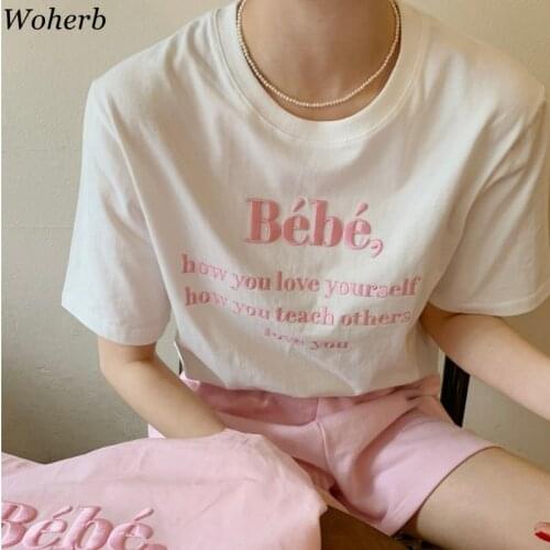 Woherb All Match Short Sleeve T Shirt Women Letter Print Korean Chic Loose Causal Tops 2021 Summer Ladies T-shirts Y2k Tees