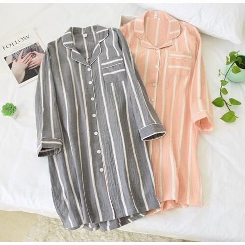 Womens Spring Long Sleeved Nightdress 100% Cotton Women Sleepwear Striped Nightwear Plus Size Nightgown Home Sleep Dress