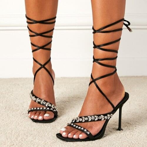 Womens Lace-up Sandals 2021 Summer Roman Fashion Strap Rhinestone Super High Heel Sandals