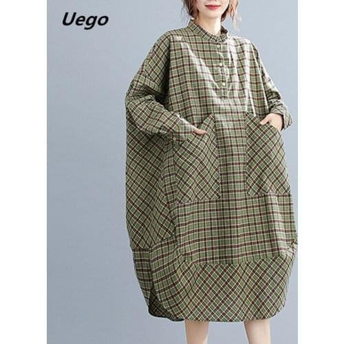 2021 New Arrival Stand Collar Button Plaid Blouse Dress Cotton Linen Loose Women Spring Dress Pocket Autumn Casual Midi Dress