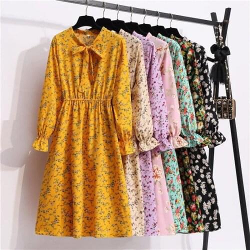 Spring Summer Dress Women Lady Korean Style Vintage Floral Printed Cotton-Chiffon Shirt Dress Long Sleeve Bow Midi Dress Vestido