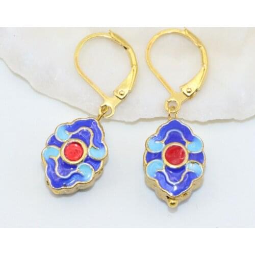 11*14mm Women Fashion Dangle Drop Earrings Carved Enamel Cloisonne Gold-color for Party Gifts Free Shipping Diy Jewelry B2653